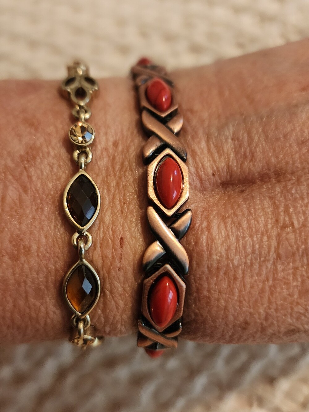Lot Of 2 Vintage 7" Gold-Tone Bracelets Red Cabochon Accents And Multi Stones